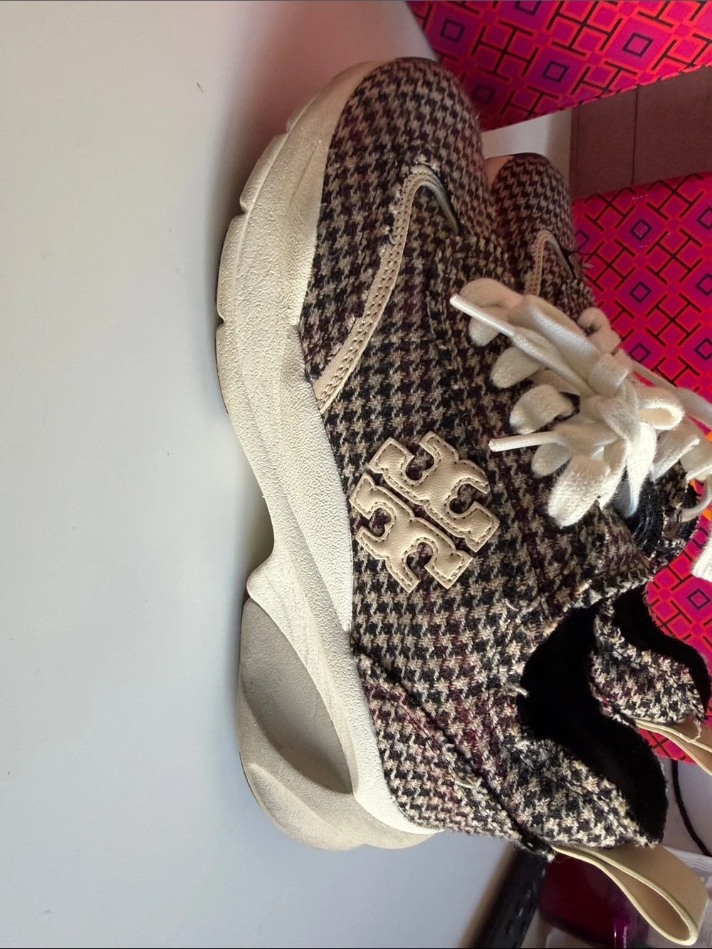 Tory Burch Tweed Houndstooth Lace-Up Sneakers in Black, White & Burgundy